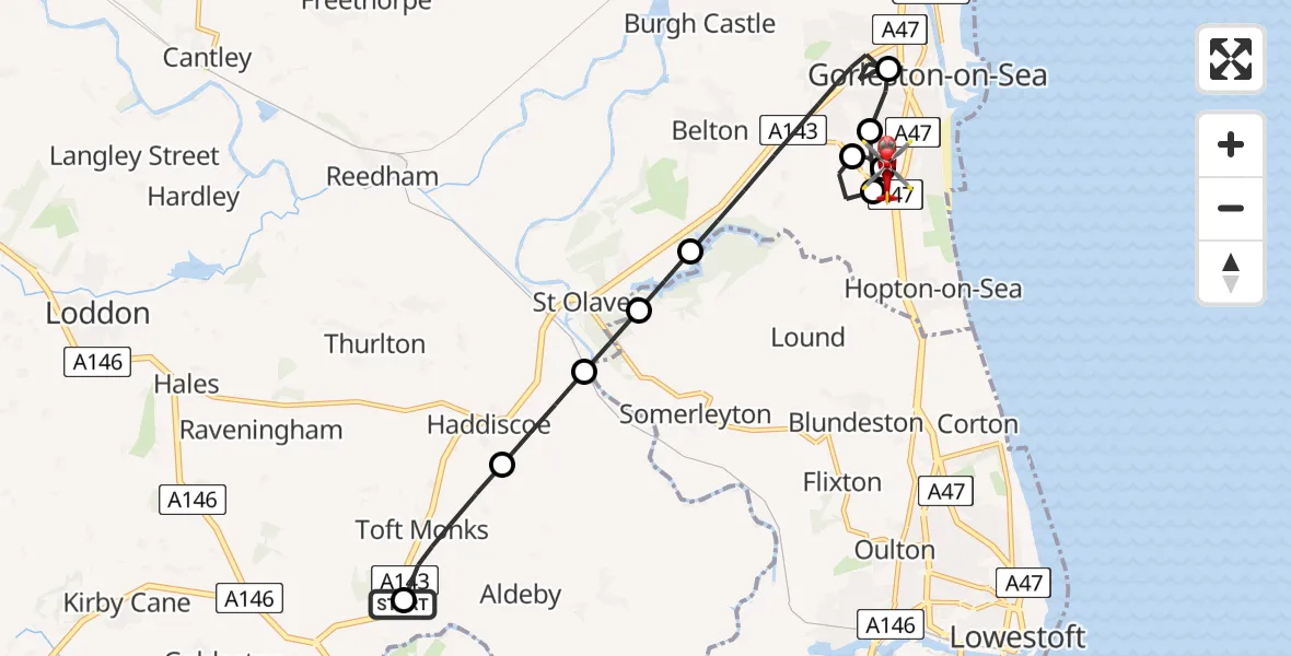 Flight route Air Ambulance Helicopter Gillingham - James Paget Hospital, 15 July 2026, 07:04