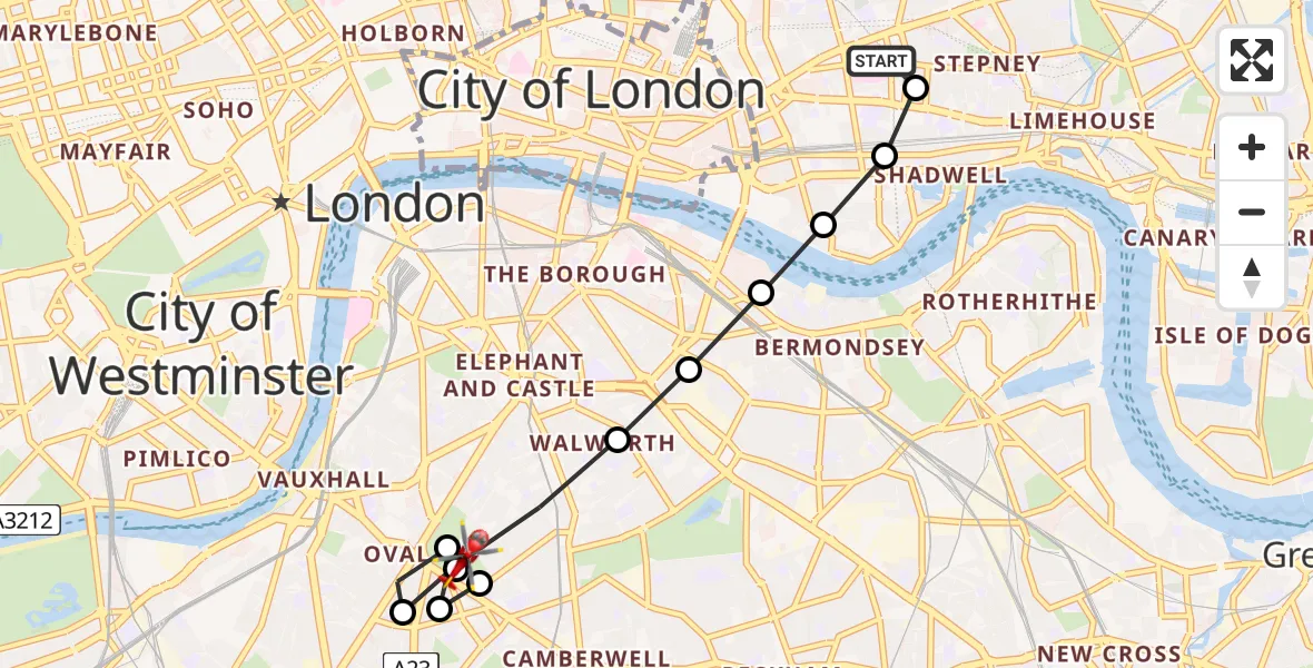 Flight route Air Ambulance Helicopter Royal London Hospital - Oval, 15 July 2026, 07:15