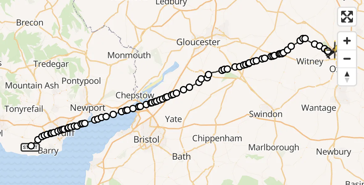 Flight route Police Helicopter Barry - Begbroke, 15 July 2026, 07:35