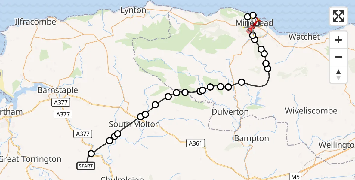 Flight route Air Ambulance Helicopter North Devon - Minehead, 15 July 2026, 07:54