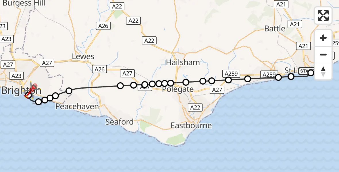 Flight route Air Ambulance Helicopter St Leonards - Brighton, 15 July 2026, 07:56