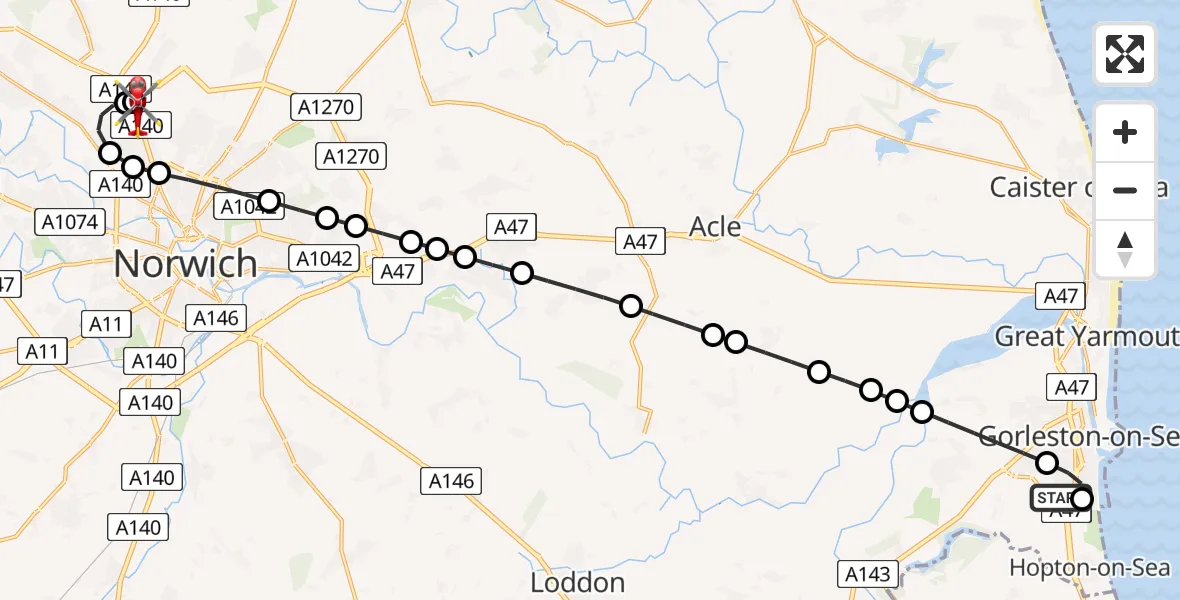 Flight route Air Ambulance Helicopter James Paget Hospital - Norwich Airport, 15 July 2026, 07:58