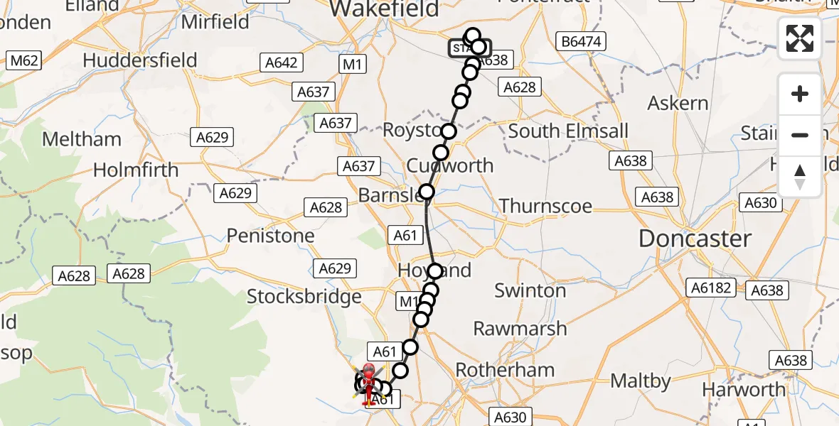 Flight route Air Ambulance Helicopter YAA Nostell Helicopter Port - Middlewood, 15 July 2026, 08:13