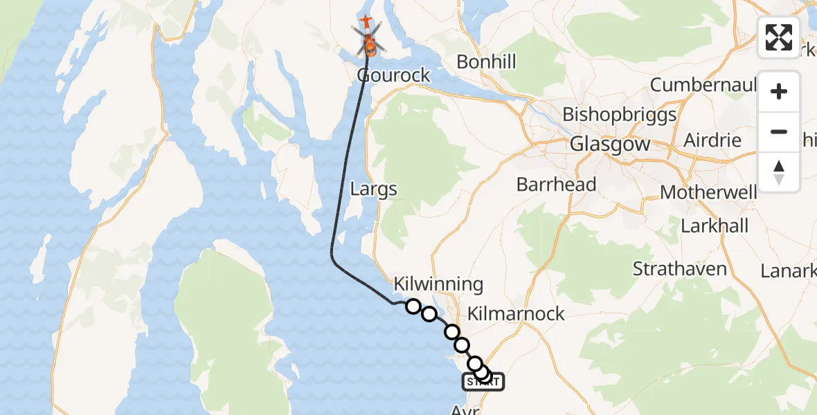 Flight route Coastguard Helicopter Glasgow Prestwick Airport - Inner Seas, 15 July 2026, 08:23