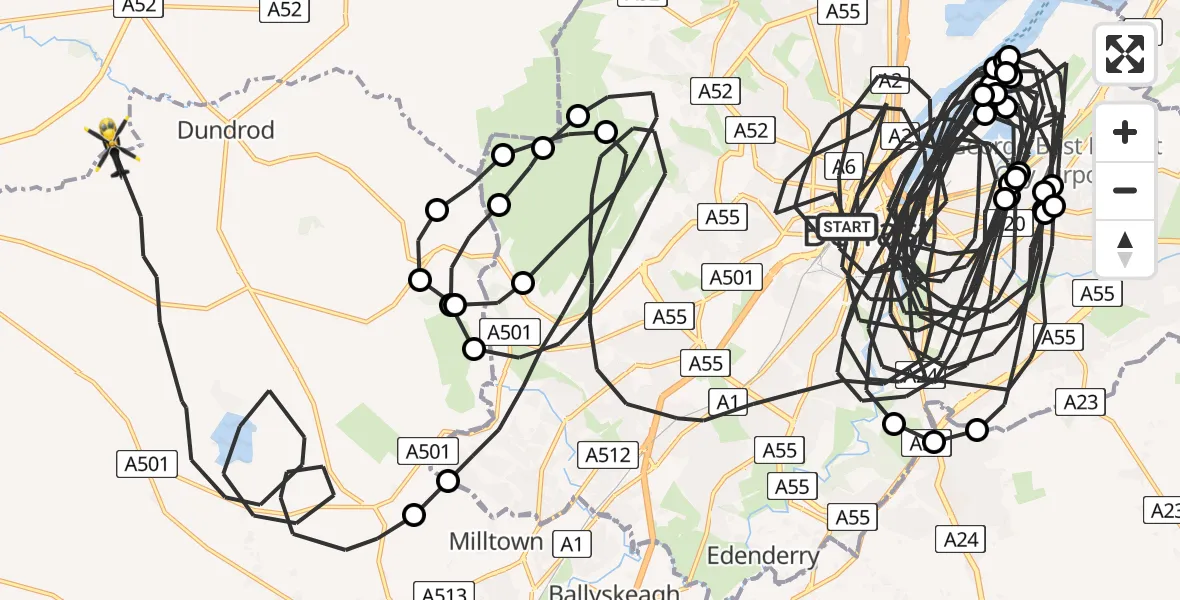 Flight route Police Helicopter Belfast City District - Dundrod, 15 July 2026, 08:32