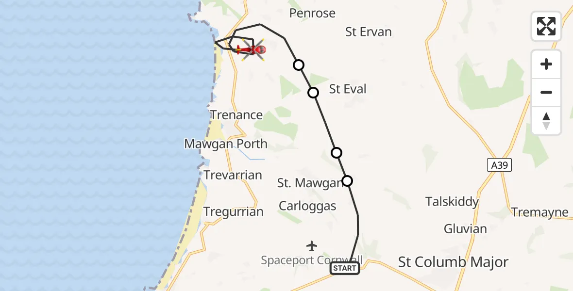 Flight route Air Ambulance Helicopter Cornwall Airport Newquay - St. Eval, 15 July 2026, 08:34