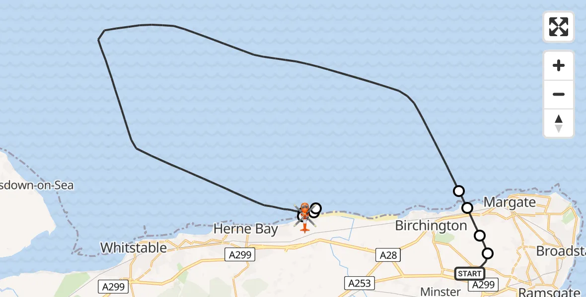 Flight route Coastguard Helicopter Manston Airport - Hillborough, 15 July 2026, 08:35
