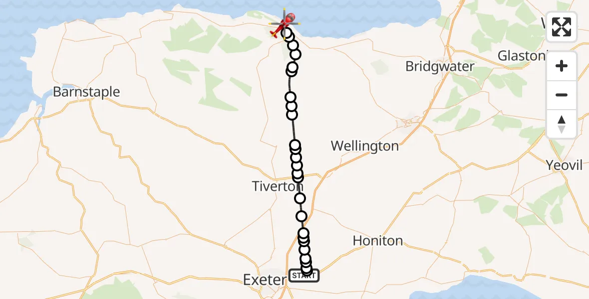 Flight route Air Ambulance Helicopter Exeter International Airport - Minehead, 15 July 2026, 08:38