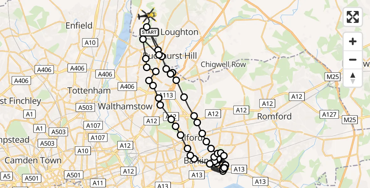 Flight route Police Helicopter Sewardstonebury - Sewardstonebury, 15 July 2026, 08:43