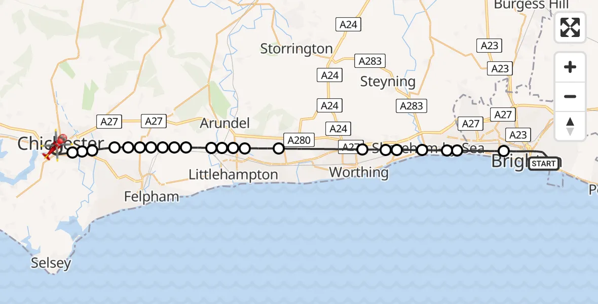 Flight route Air Ambulance Helicopter Brighton - Chichester, 15 July 2026, 08:47