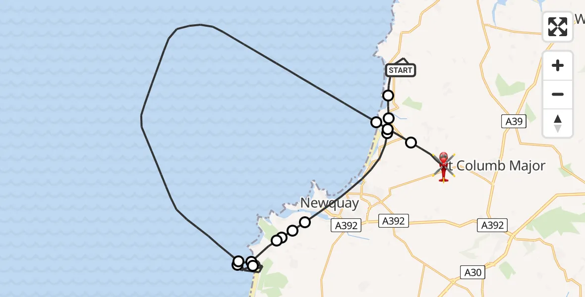 Flight route Air Ambulance Helicopter St. Eval - Cornwall Airport Newquay, 15 July 2026, 08:47