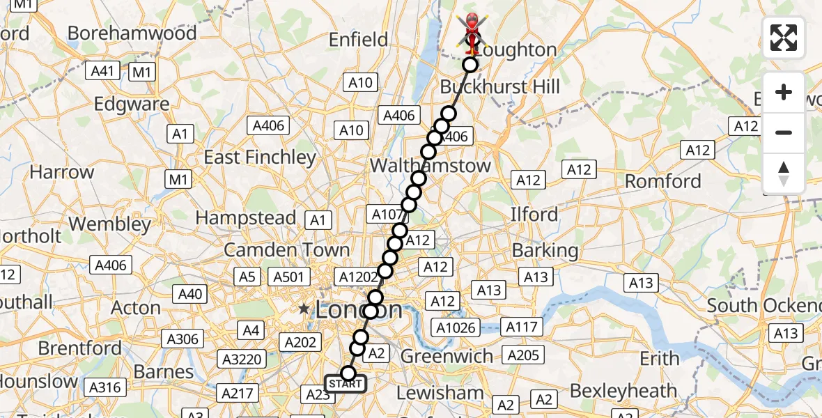 Flight route Air Ambulance Helicopter Kings College London Hospital - Metropolitan Police Air Support Unit Lippitts Hill, 15 July 2026, 08:55