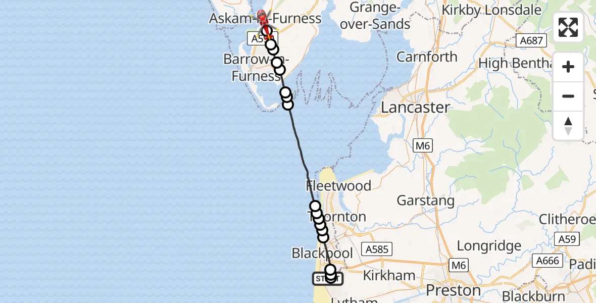 Flight route Air Ambulance Helicopter Blackpool Airport - Askam-in-Furness, 15 July 2026, 08:59