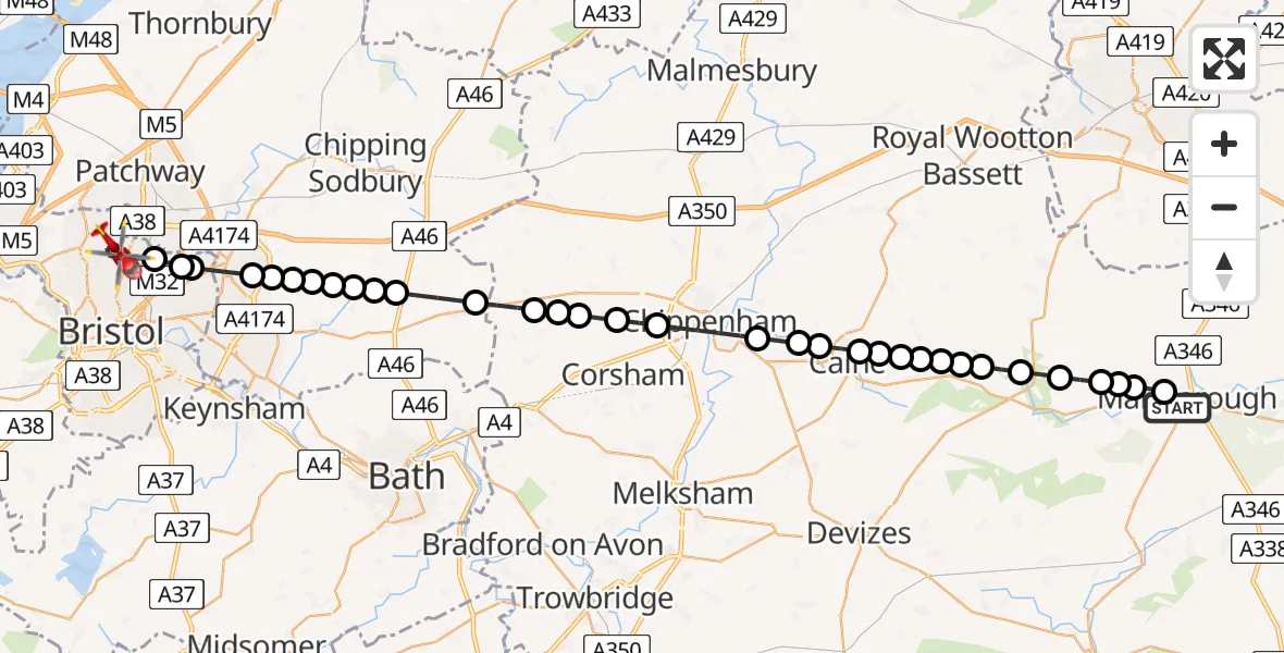 Flight route Air Ambulance Helicopter Marlborough - Bristol, 15 July 2026, 09:06