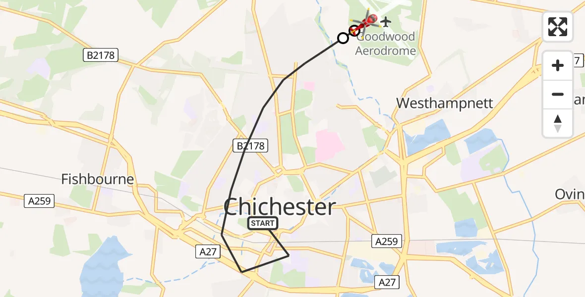 Flight route Air Ambulance Helicopter Chichester - Goodwood Aerodrome, 15 July 2026, 09:09