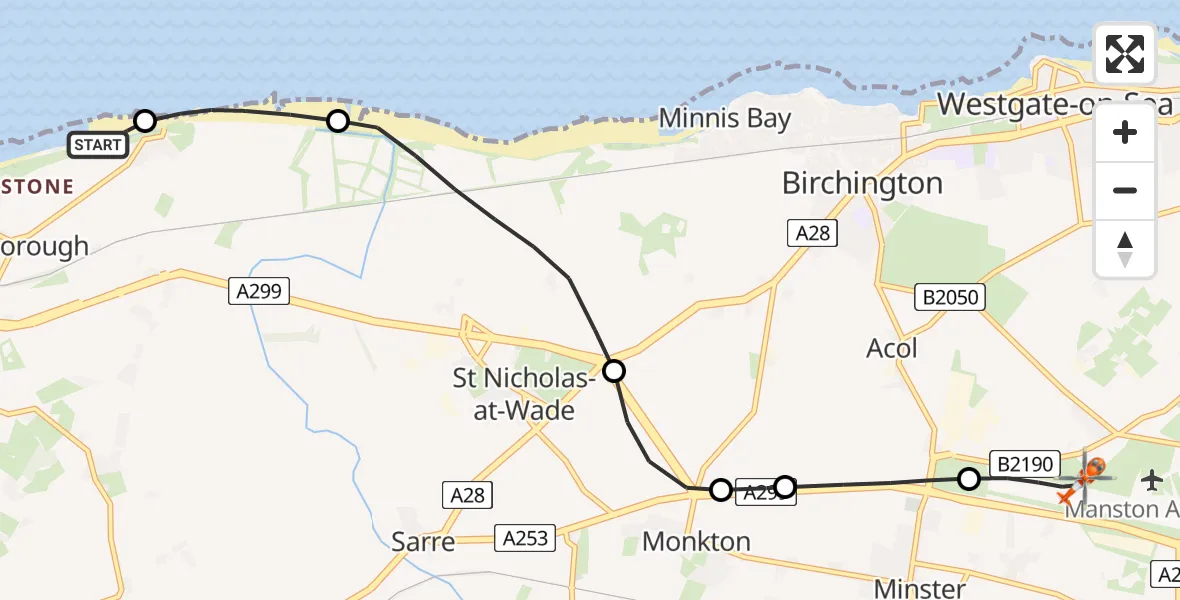 Flight route Coastguard Helicopter Hillborough - Manston Airport, 15 July 2026, 09:10