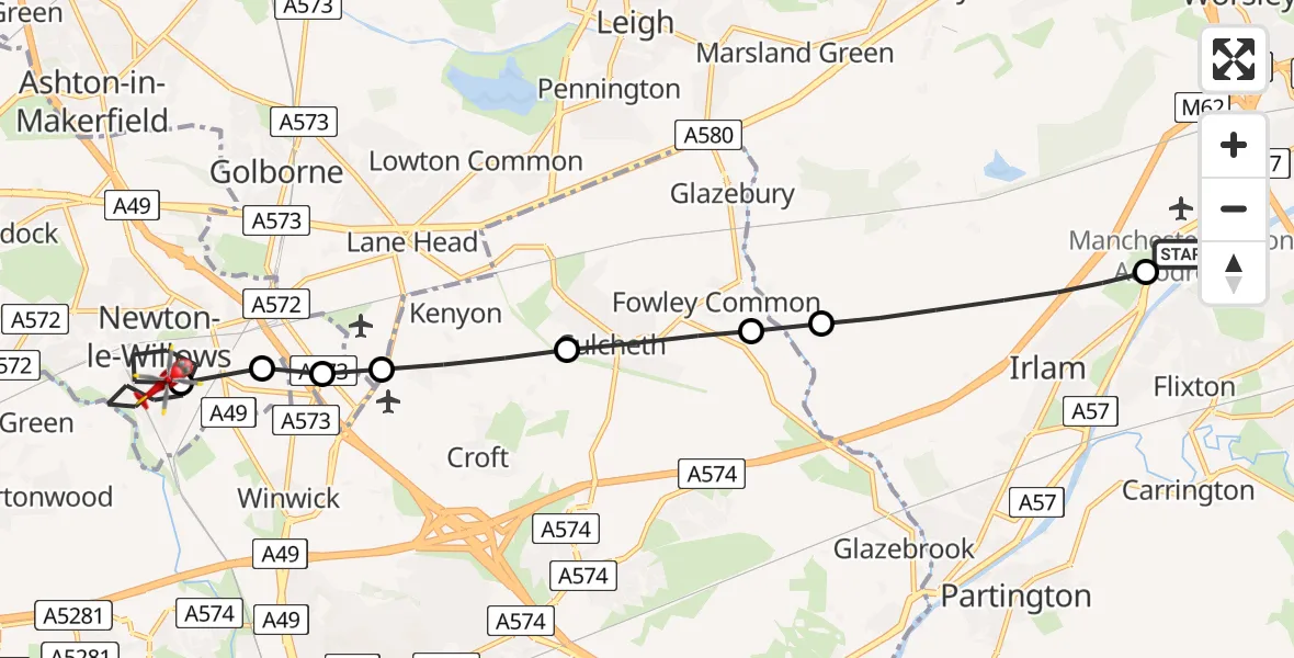 Flight route Air Ambulance Helicopter Manchester Barton Aerodrome - Newton-le-Willows, 15 July 2026, 09:11