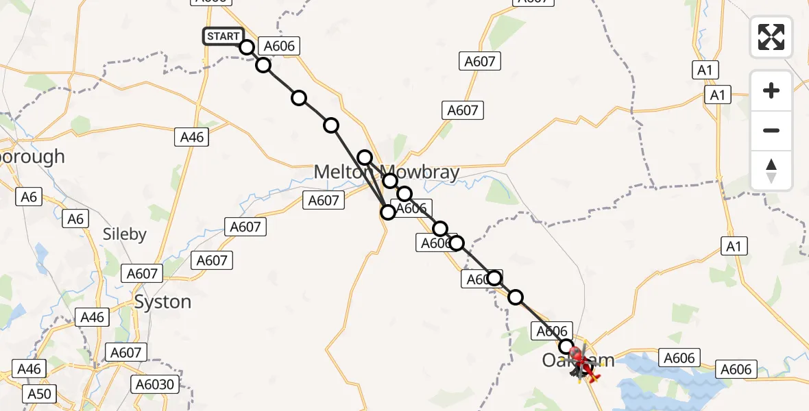Flight route Air Ambulance Helicopter Rushcliffe - Oakham, 15 July 2026, 09:22