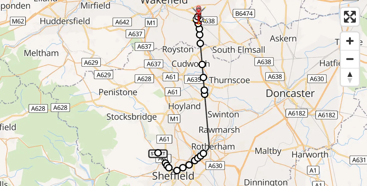 Flight route Air Ambulance Helicopter Middlewood - YAA Nostell Helicopter Port, 15 July 2026, 09:35