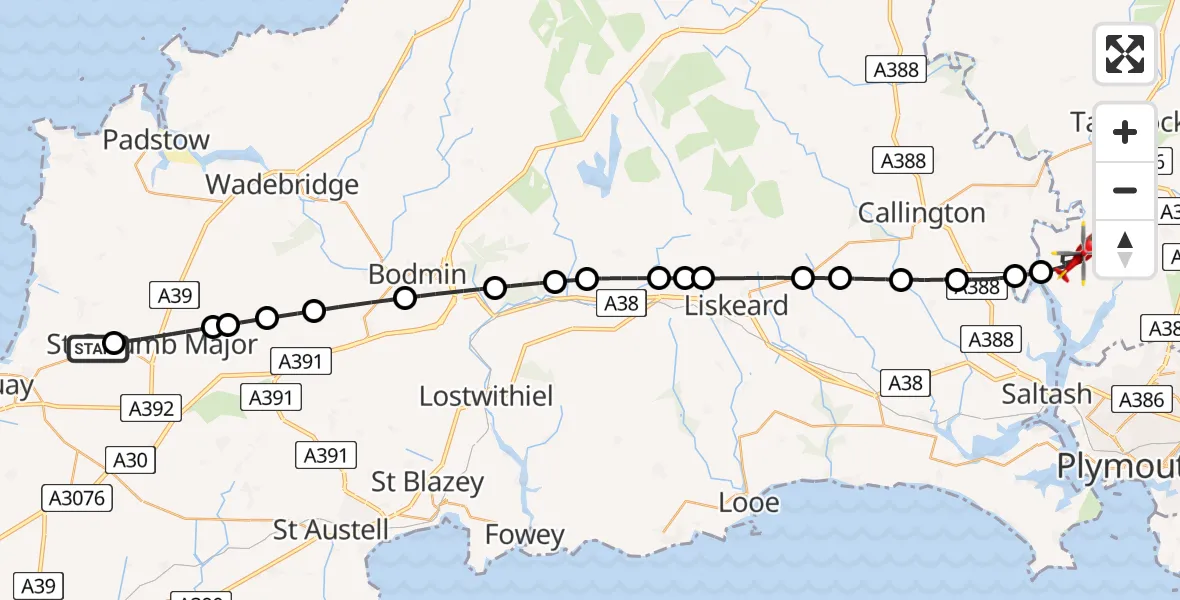 Flight route Air Ambulance Helicopter Cornwall Airport Newquay - Bere Alston, 15 July 2026, 09:46