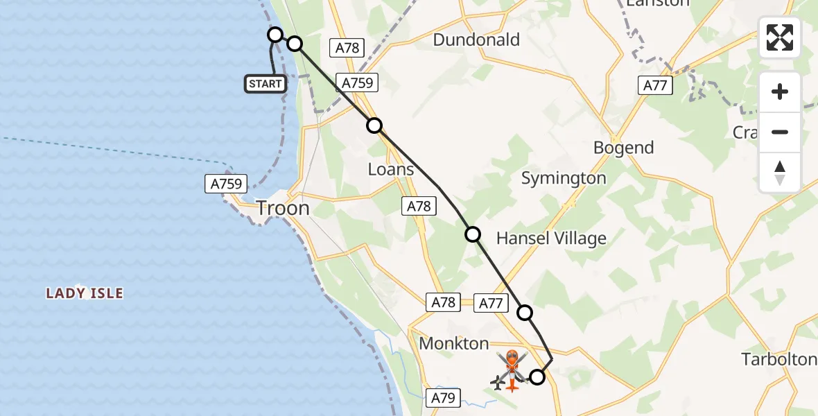 Flight route Coastguard Helicopter Troon - Glasgow Prestwick Airport, 15 July 2026, 09:53