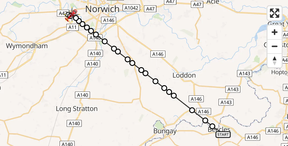 Flight route Air Ambulance Helicopter Beccles - Norfolk & Norwich Hospital, 15 July 2026, 09:56