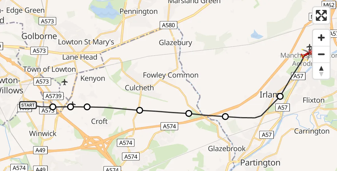 Flight route Air Ambulance Helicopter Newton-le-Willows - Irlam, 15 July 2026, 09:56