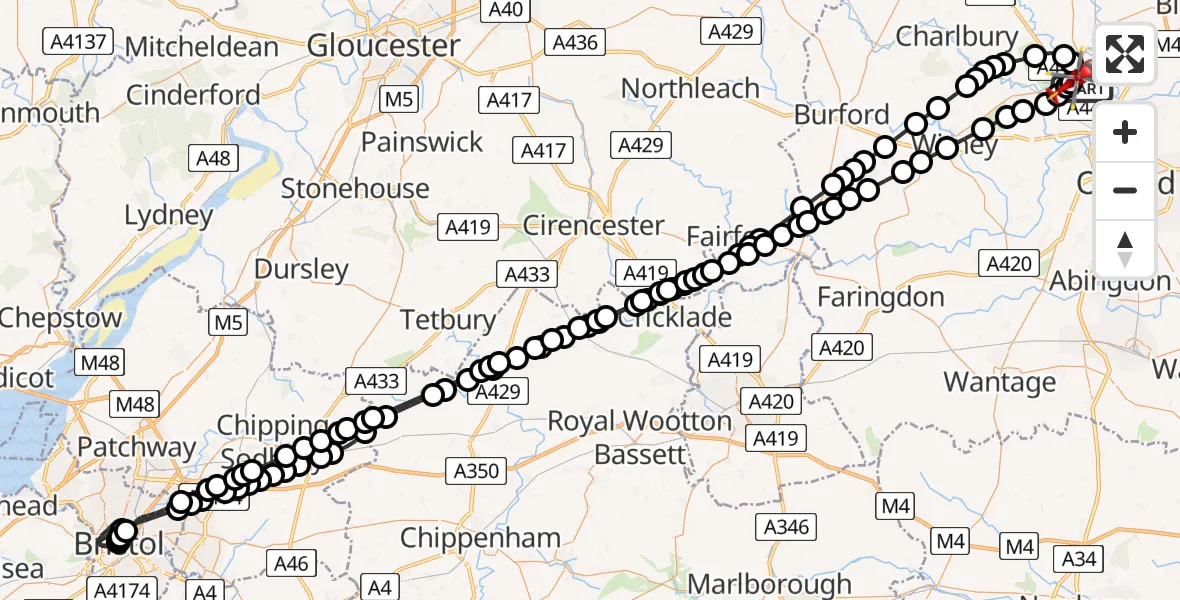 Flight route Air Ambulance Helicopter London Oxford Airport - London Oxford Airport, 15 July 2026, 09:57