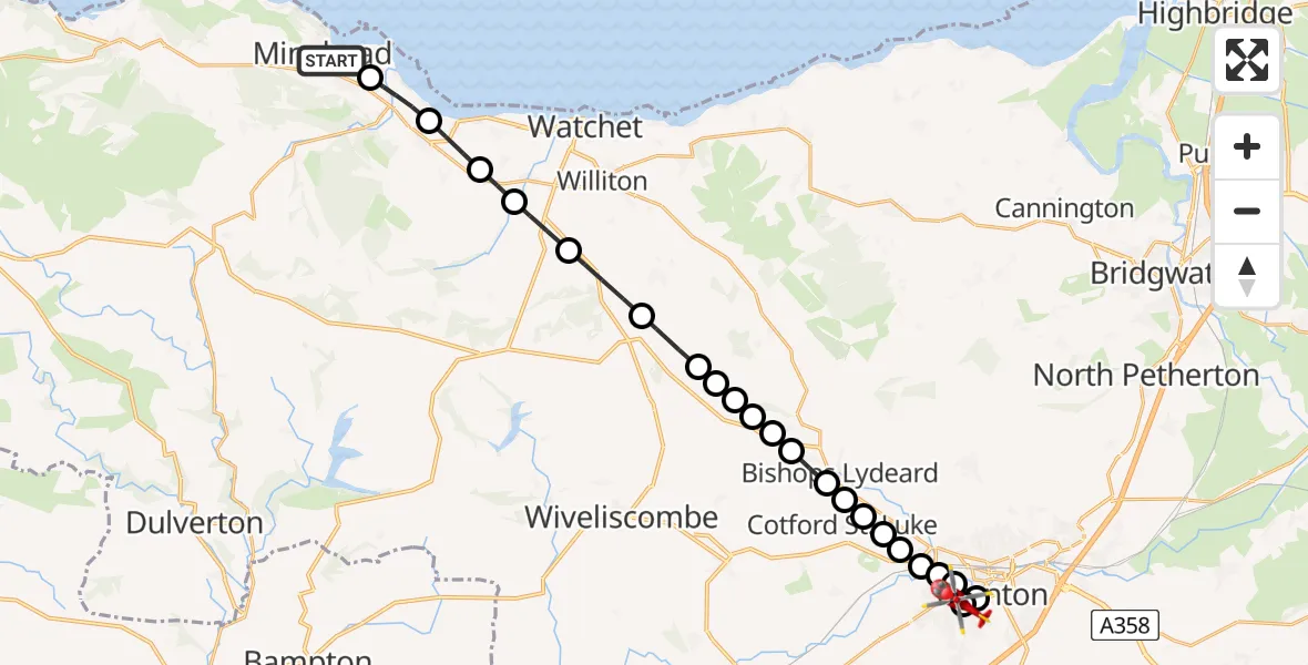 Flight route Air Ambulance Helicopter Minehead - Musgrove Hospital, 15 July 2026, 09:58