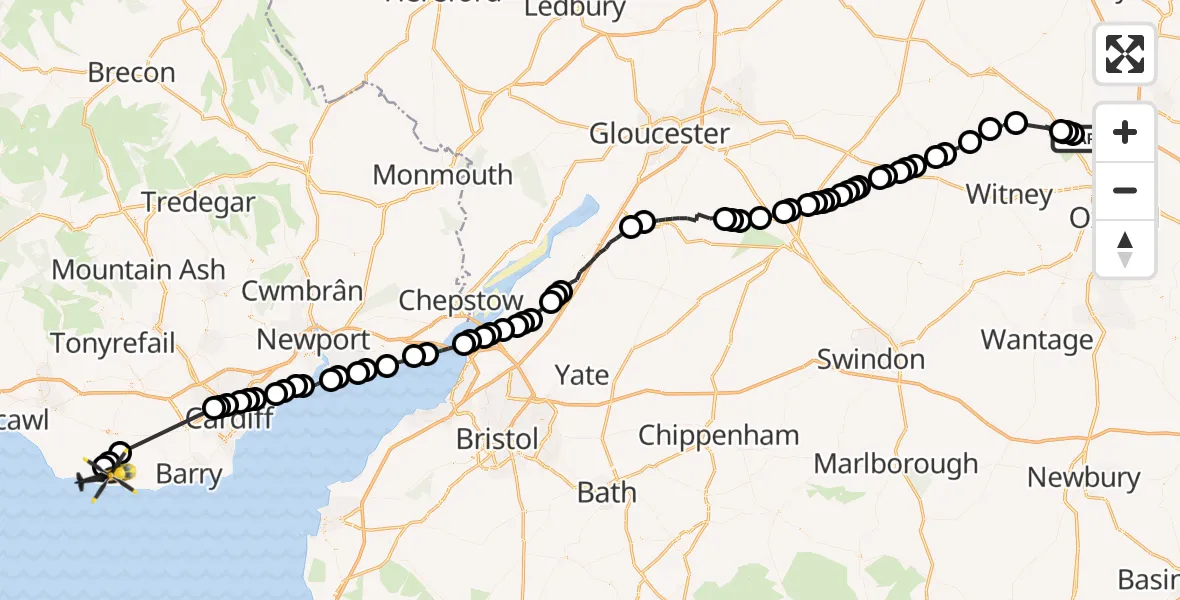 Flight route Police Helicopter Tackley - MOD St Athan, 15 July 2026, 09:59