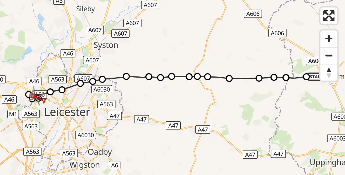 Flight route Air Ambulance Helicopter Oakham - New Parks, 15 July 2026, 10:18