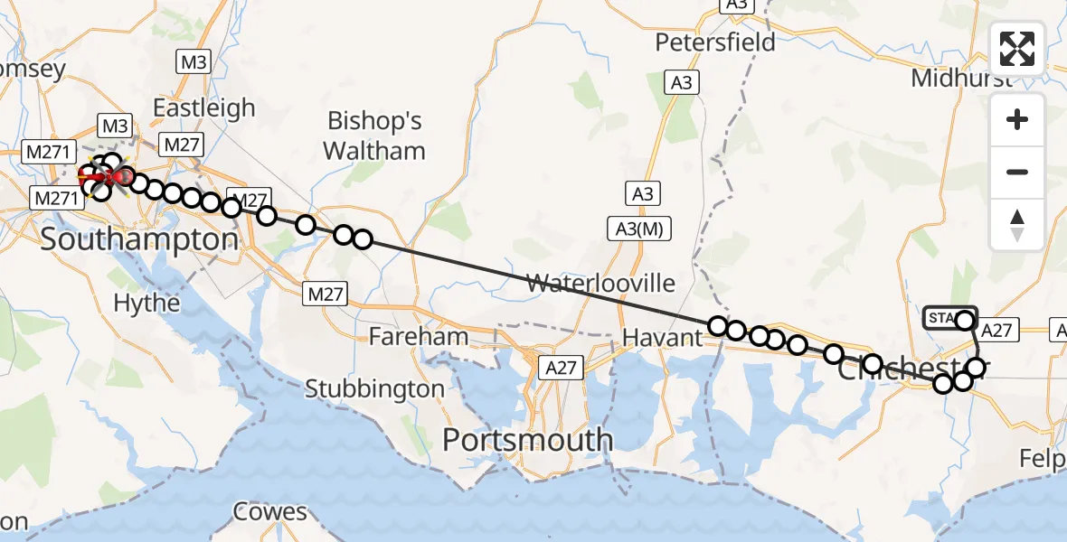 Flight route Air Ambulance Helicopter Goodwood Aerodrome - University Hospital Southampton, 15 July 2026, 10:27