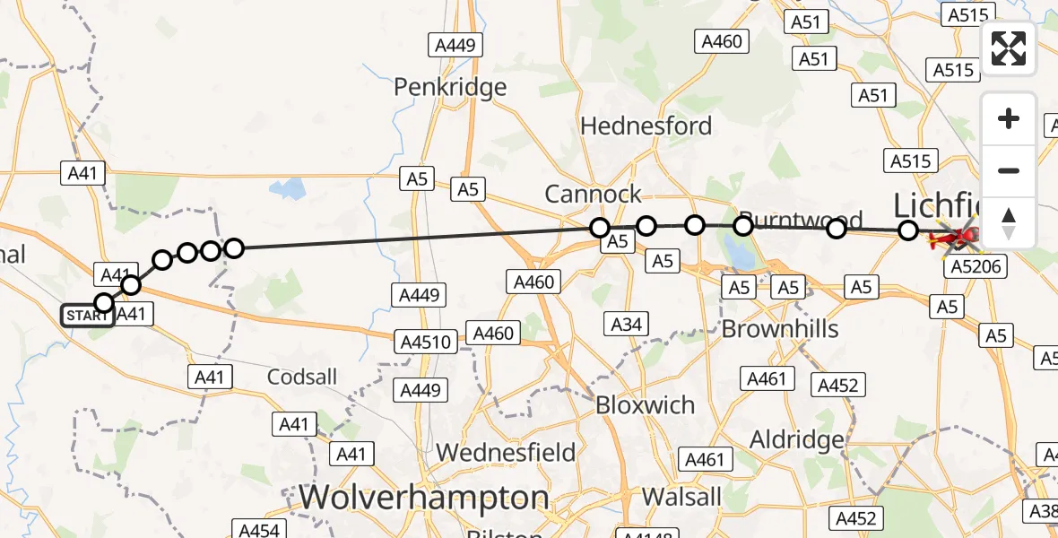 Flight route Air Ambulance Helicopter RAF Cosford - Lichfield, 15 July 2026, 10:31