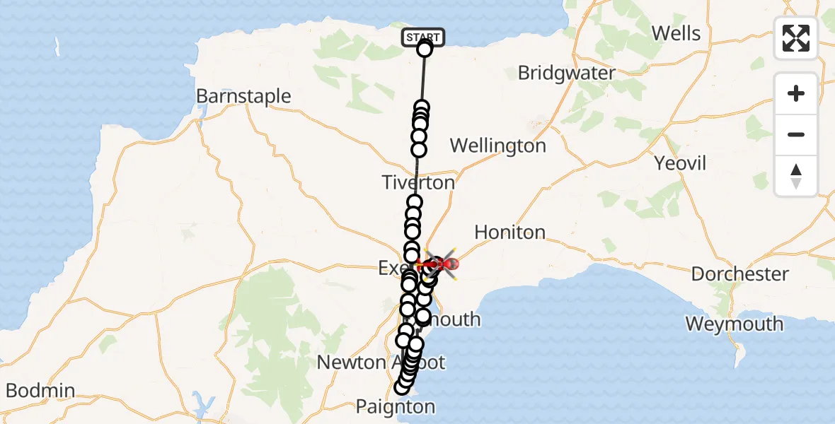 Flight route Air Ambulance Helicopter Minehead - Exeter International Airport, 15 July 2026, 10:31