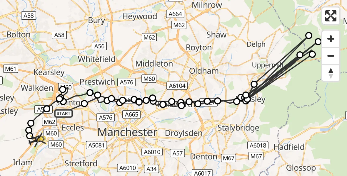 Flight route Police Helicopter Swinton - Manchester Barton Aerodrome, 15 July 2026, 10:36