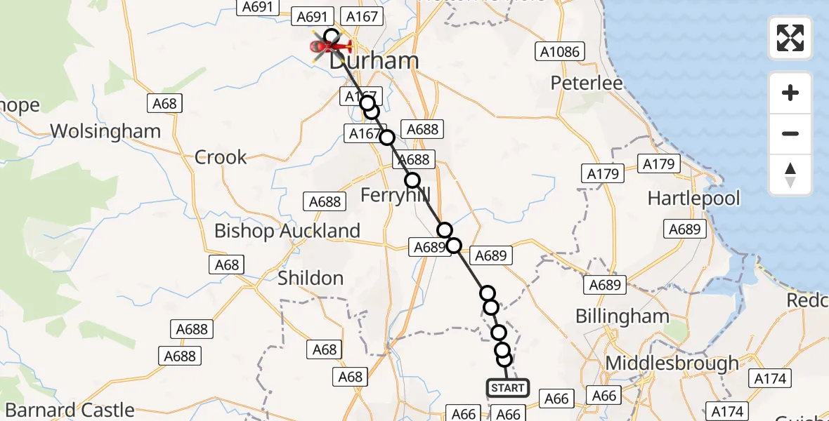 Flight route Air Ambulance Helicopter Longnewton - Bearpark, 15 July 2026, 10:36