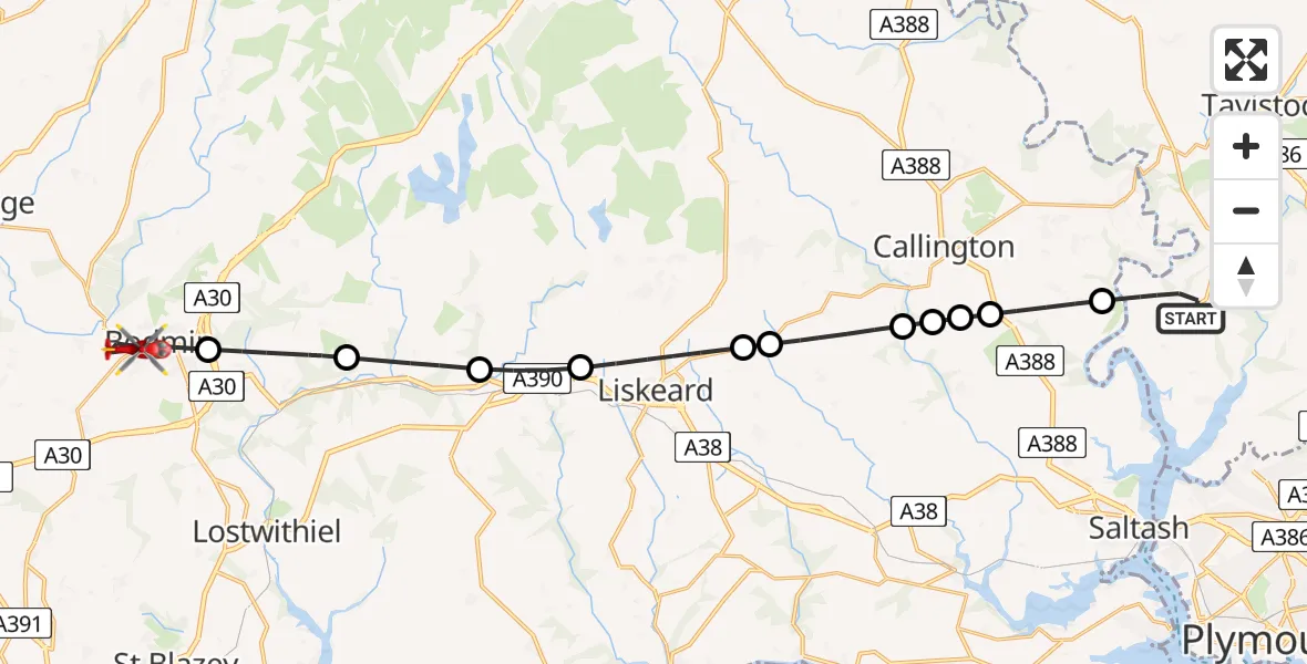 Flight route Air Ambulance Helicopter Bere Alston - Bodmin, 15 July 2026, 10:36