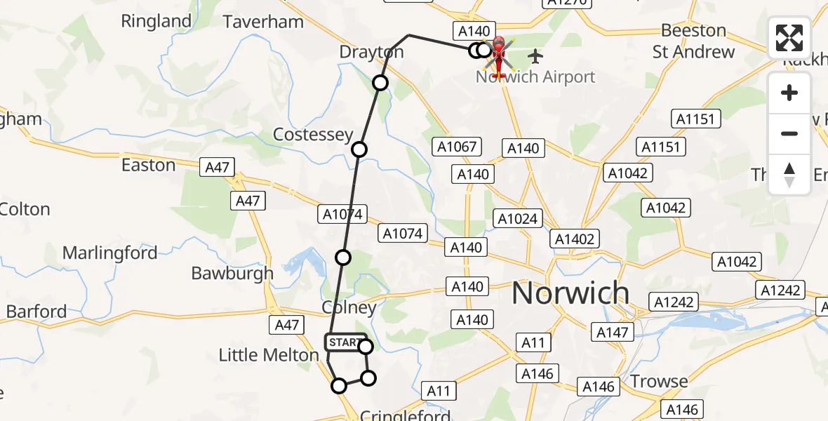Flight route Air Ambulance Helicopter Norfolk & Norwich Hospital - Norwich Airport, 15 July 2026, 10:46
