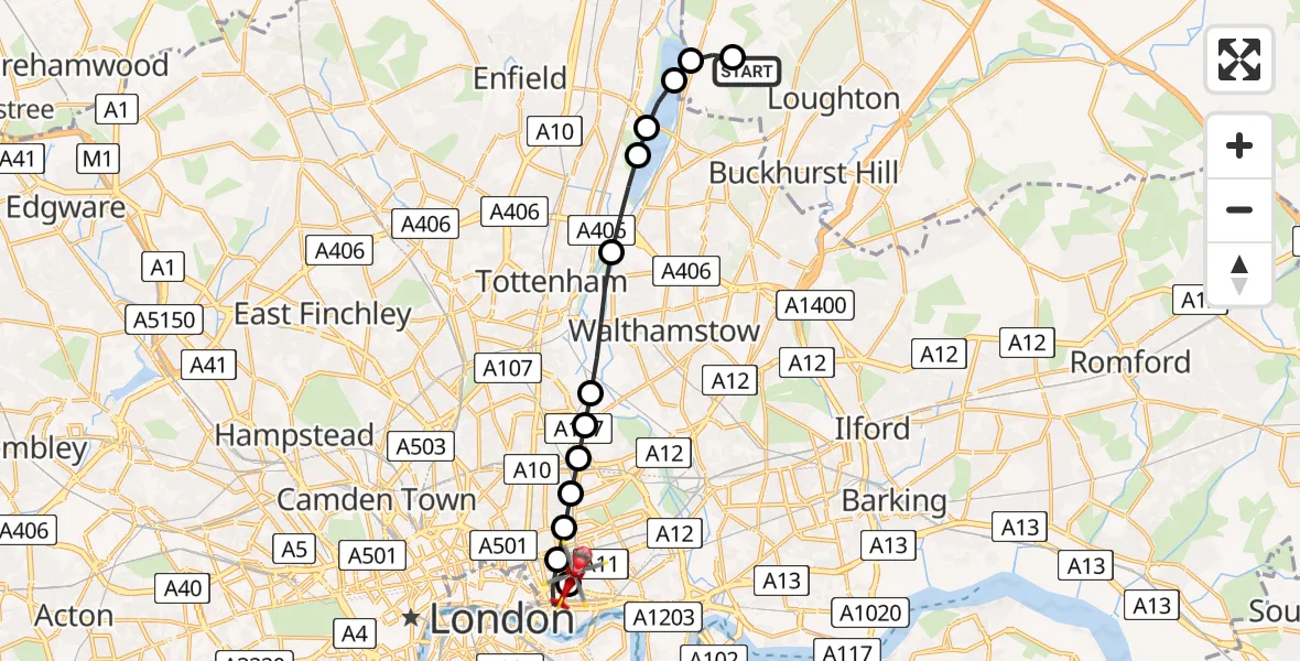 Flight route Air Ambulance Helicopter Metropolitan Police Air Support Unit Lippitts Hill - Royal London Hospital, 15 July 2026, 10:57
