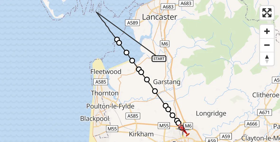 Flight route Air Ambulance Helicopter Cockerham - Royal Preston, 15 July 2026, 10:56
