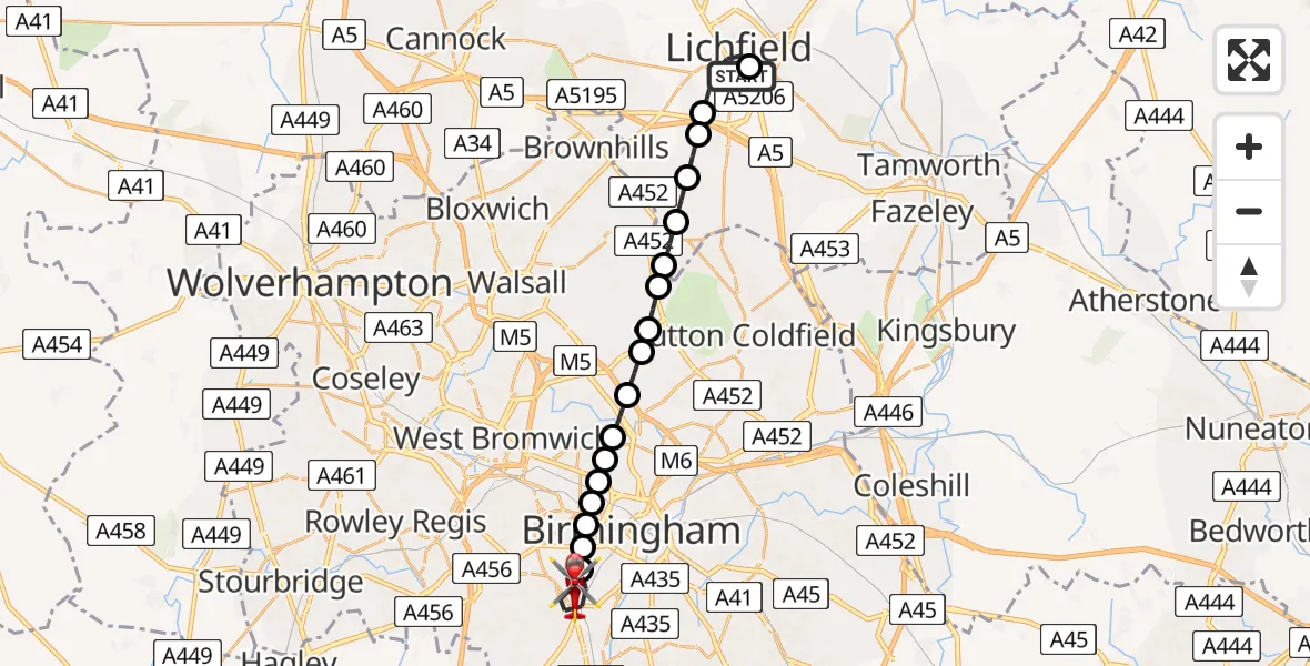 Flight route Air Ambulance Helicopter Lichfield - Metchley, 15 July 2026, 11:01