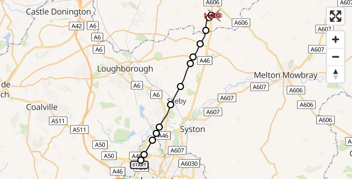 Flight route Air Ambulance Helicopter New Parks - Nottingham Heliport, 15 July 2026, 11:04