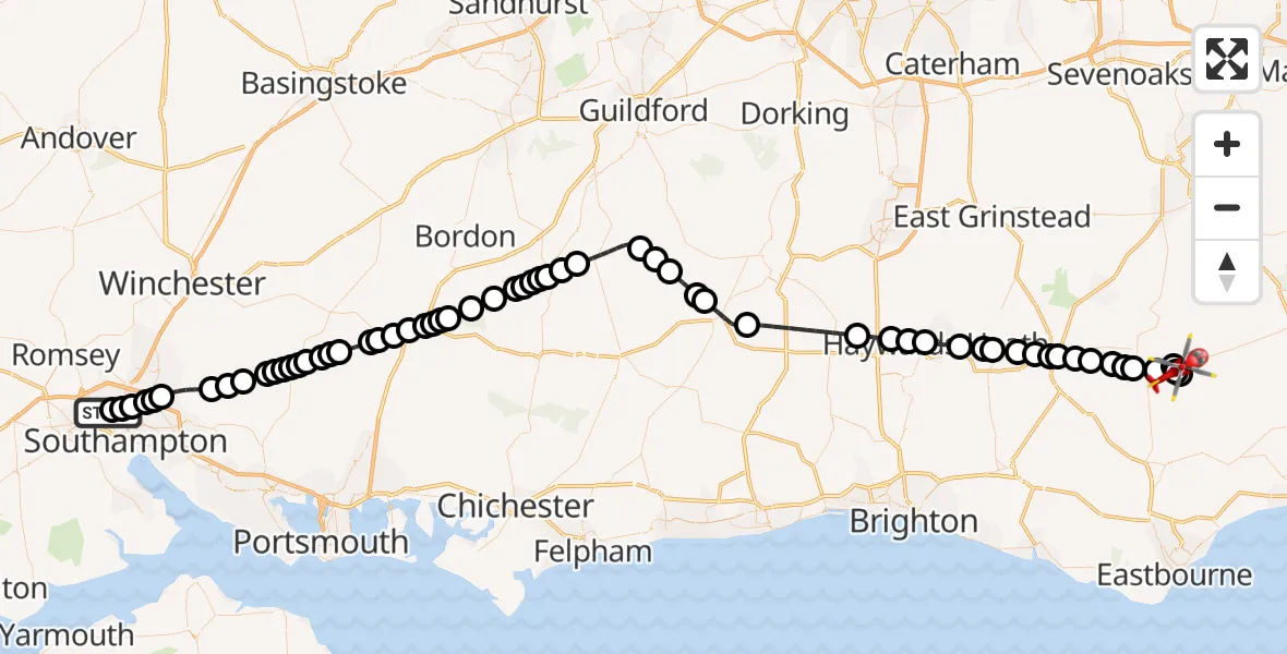 Flight route Air Ambulance Helicopter University Hospital Southampton - Broad Oak, 15 July 2026, 11:07