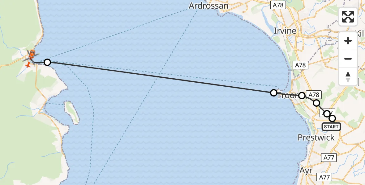 Flight route Coastguard Helicopter Glasgow Prestwick Airport - Brodick, 15 July 2026, 11:08