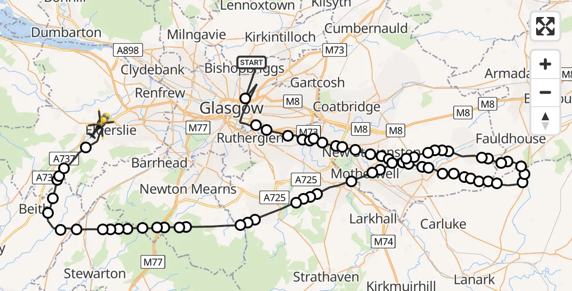 Flight route Police Helicopter Bishopbriggs - Johnstone, 15 July 2026, 11:11