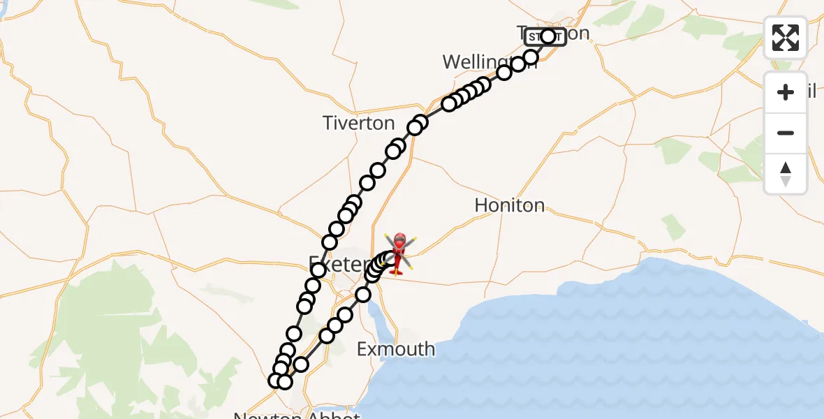 Flight route Air Ambulance Helicopter Musgrove Hospital - Exeter International Airport, 15 July 2026, 11:11