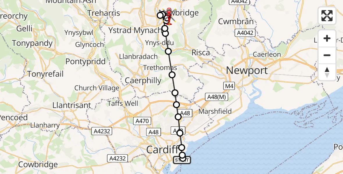 Flight route Air Ambulance Helicopter Cardiff Heliport - Newbridge, 15 July 2026, 11:16