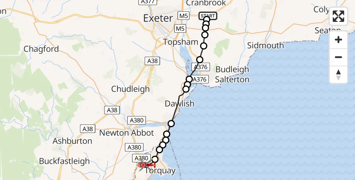 Flight route Air Ambulance Helicopter Rockbeare - Torquay, 15 July 2026, 11:31