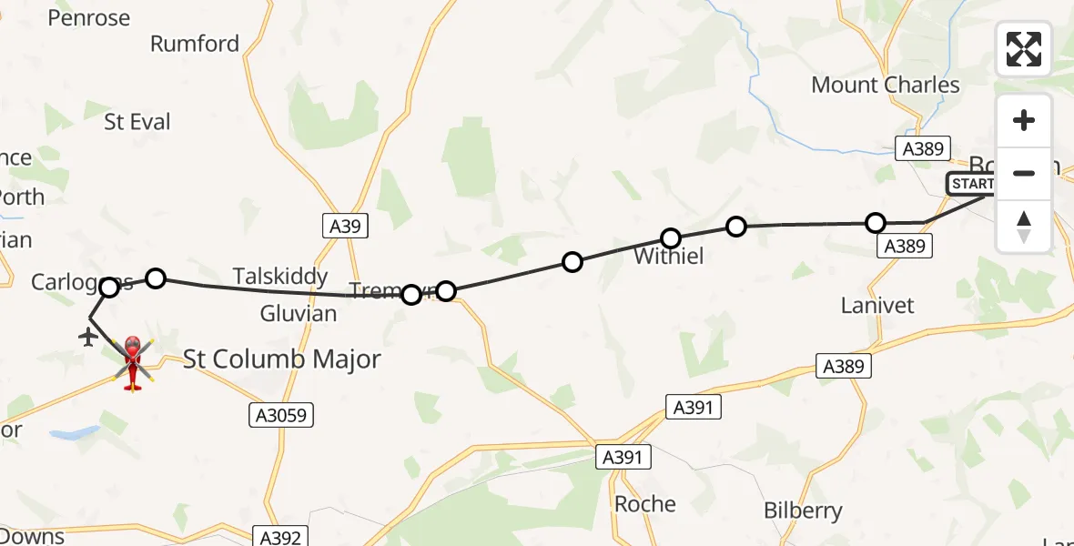 Flight route Air Ambulance Helicopter Bodmin - Cornwall Airport Newquay, 15 July 2026, 11:36