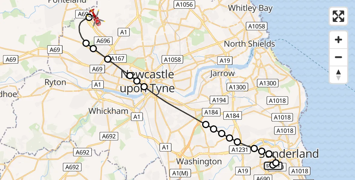 Flight route Air Ambulance Helicopter High Barnes - Newcastle International Airport, 15 July 2026, 11:45